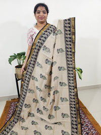 Maheshwari Silk Cotton Hand Block Printed Saree - Cream with Black