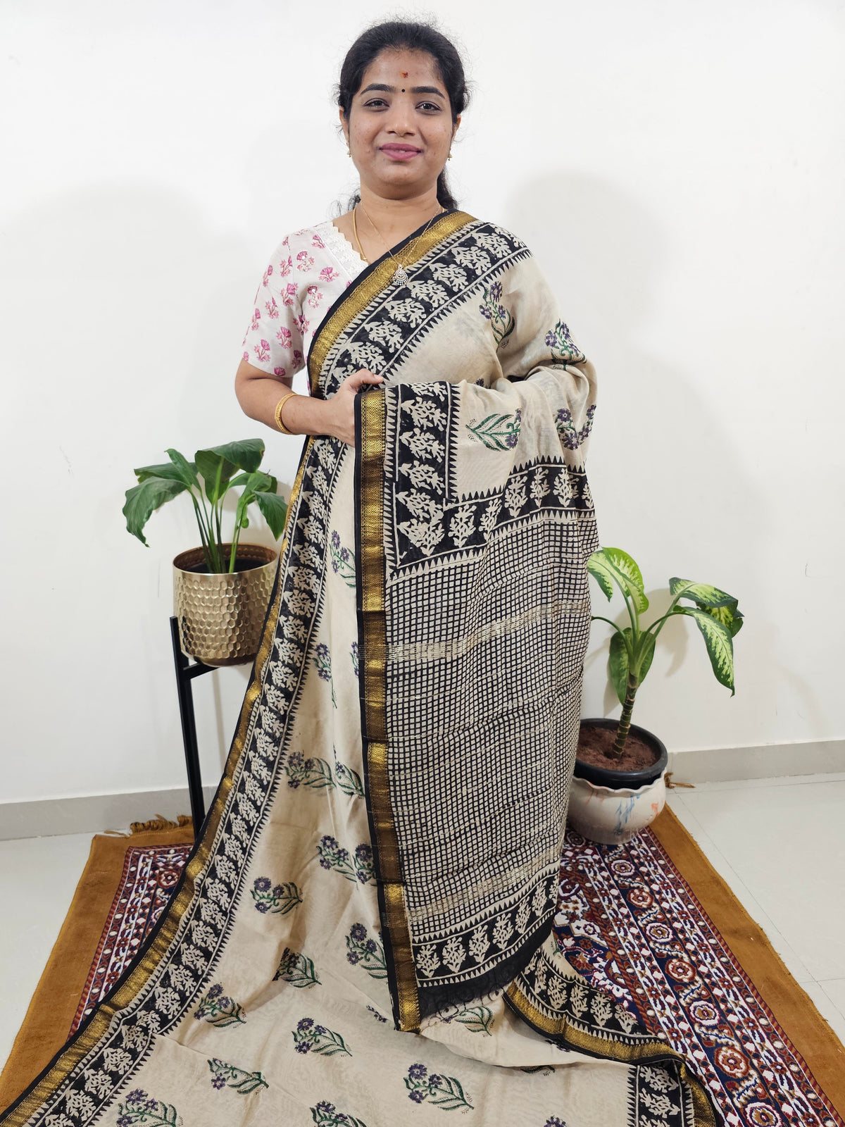 Maheshwari Silk Cotton Hand Block Printed Saree - Cream with Black