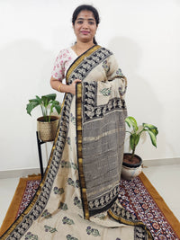 Maheshwari Silk Cotton Hand Block Printed Saree - Cream with Black