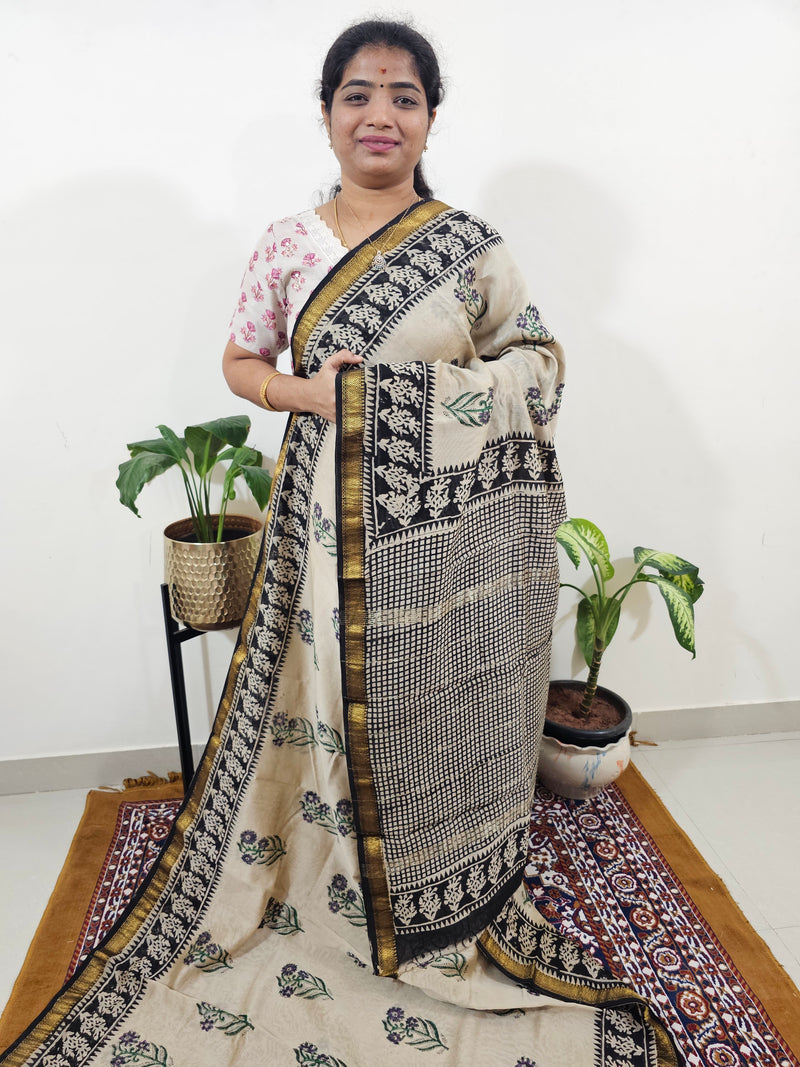 Maheshwari Silk Cotton Hand Block Printed Saree - Cream with Black