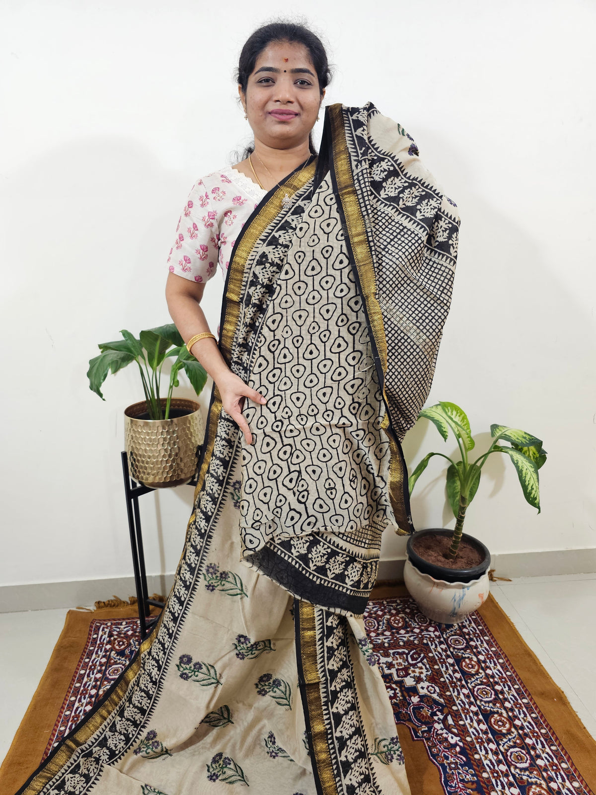 Maheshwari Silk Cotton Hand Block Printed Saree - Cream with Black
