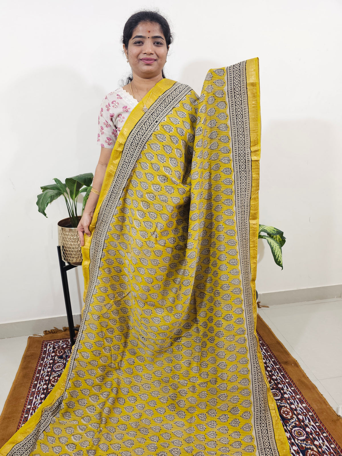 Maheshwari Silk Cotton Hand Block Printed Saree - Yellow with Black