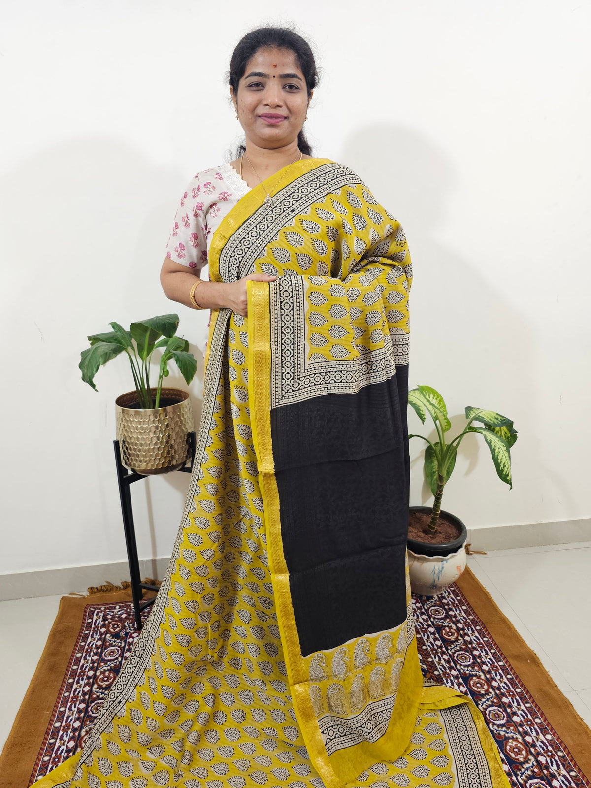 Maheshwari Silk Cotton Hand Block Printed Saree - Yellow with Black