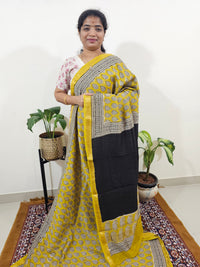 Maheshwari Silk Cotton Hand Block Printed Saree - Yellow with Black