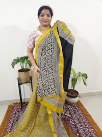 Maheshwari Silk Cotton Hand Block Printed Saree - Yellow with Black