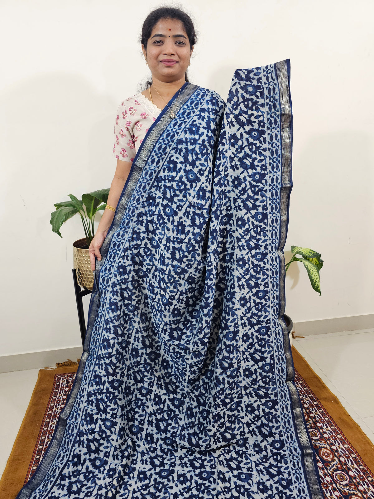 Maheshwari Silk Cotton Hand Block Printed Saree- Indigo Blue
