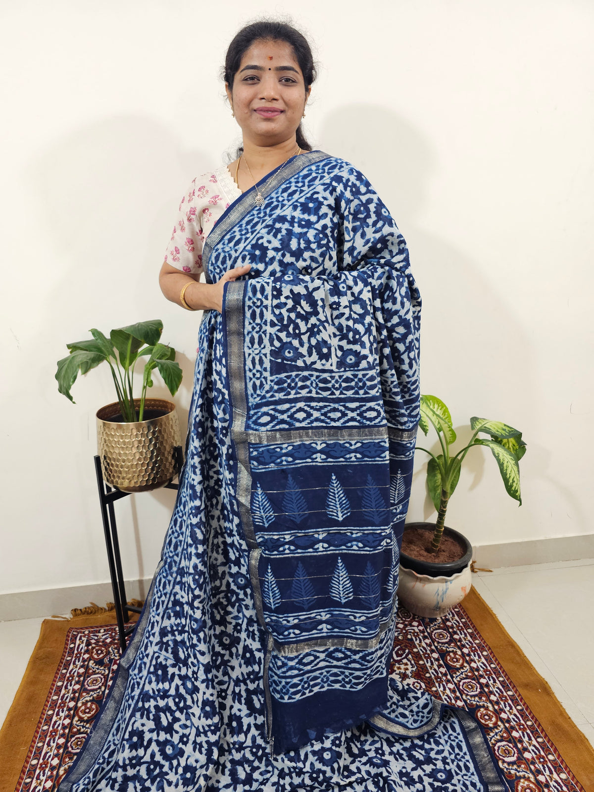 Maheshwari Silk Cotton Hand Block Printed Saree- Indigo Blue