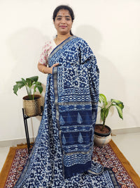 Maheshwari Silk Cotton Hand Block Printed Saree- Indigo Blue