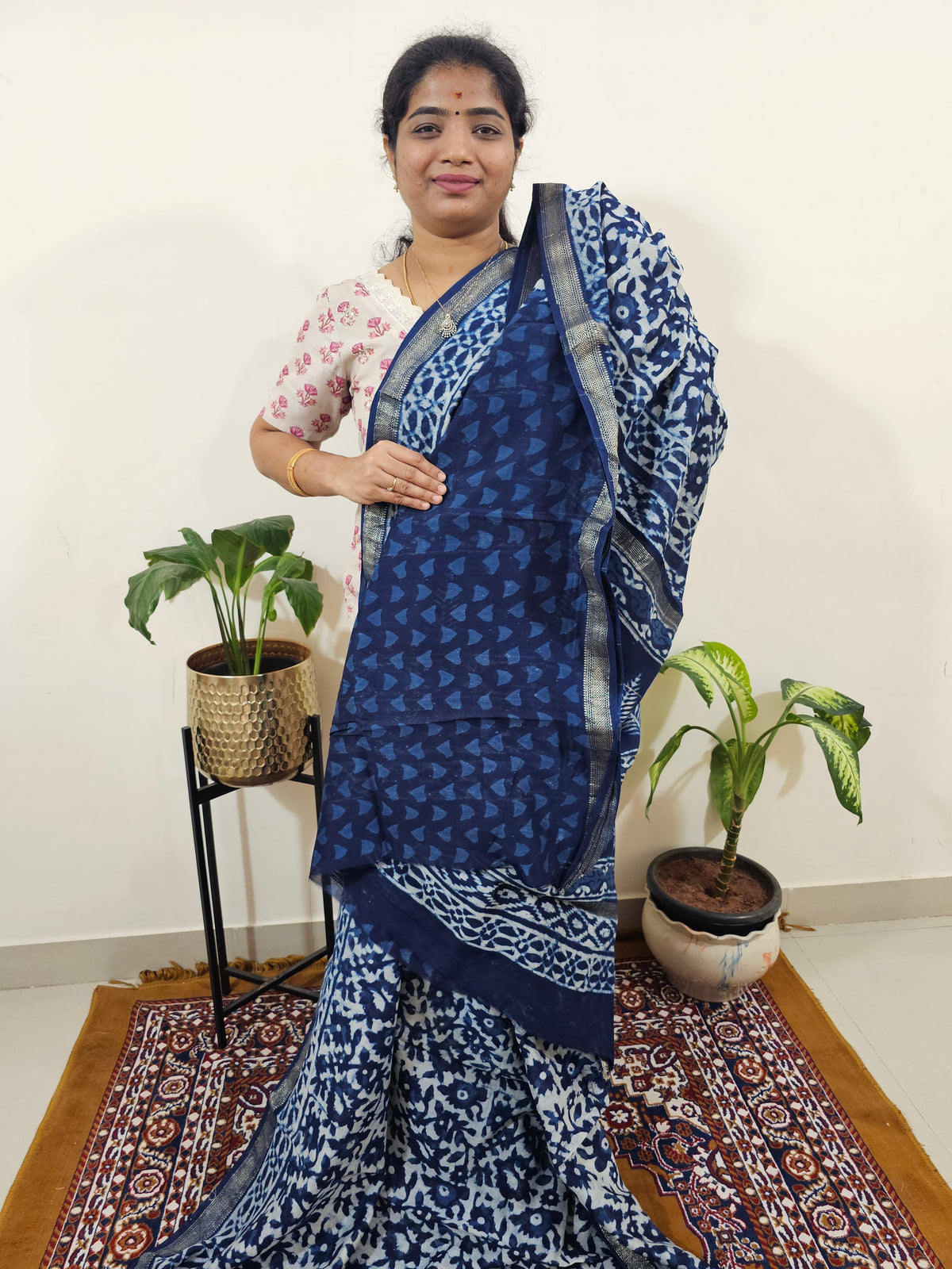 Maheshwari Silk Cotton Hand Block Printed Saree- Indigo Blue