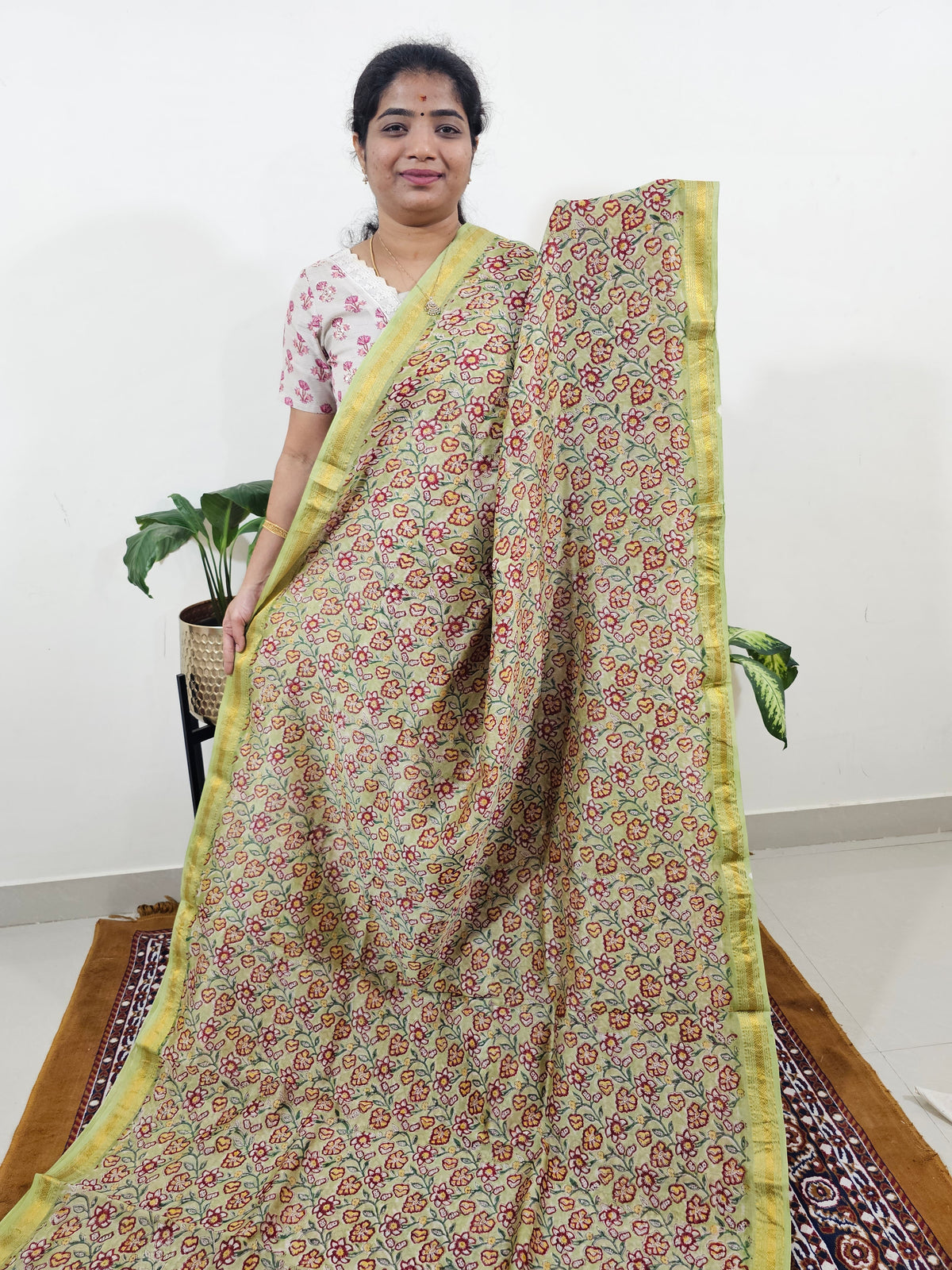 Maheshwari Silk Cotton Hand Block Printed Saree - Mint Green with Red