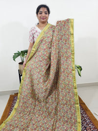 Maheshwari Silk Cotton Hand Block Printed Saree - Mint Green with Red