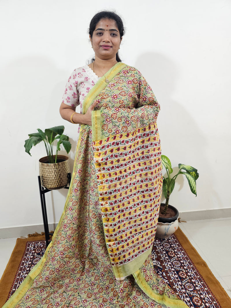 Maheshwari Silk Cotton Hand Block Printed Saree - Mint Green with Red