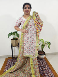 Maheshwari Silk Cotton Hand Block Printed Saree - Mint Green with Red