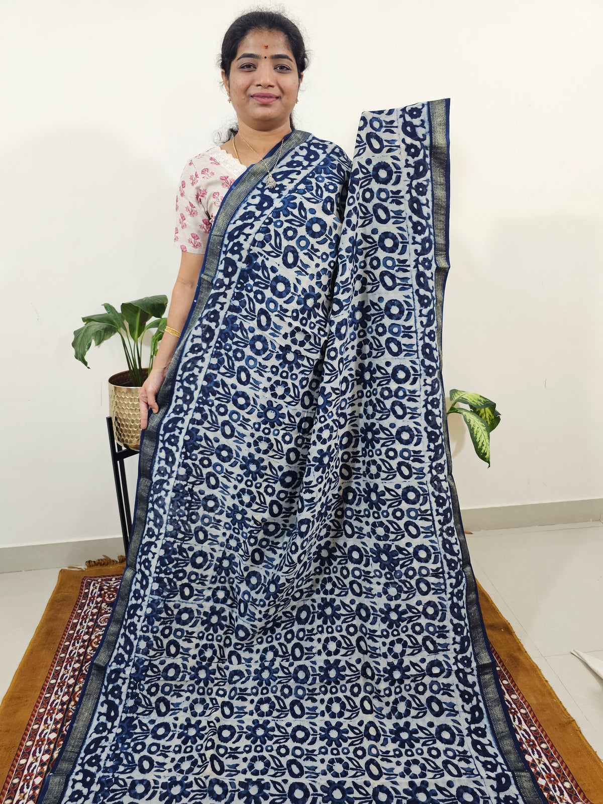 Maheshwari Silk Cotton Hand Block Printed Saree - Indigo Blue