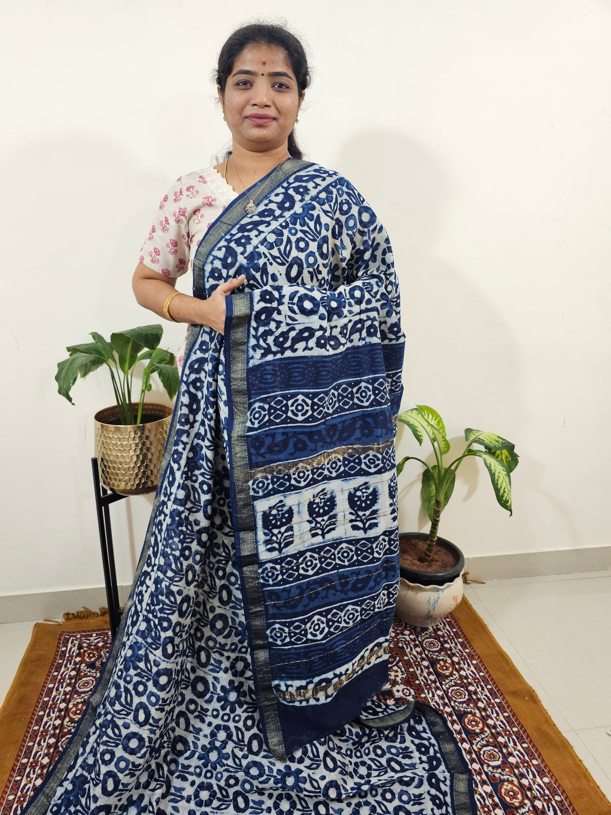Maheshwari Silk Cotton Hand Block Printed Saree - Indigo Blue