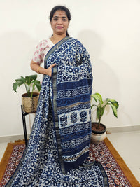 Maheshwari Silk Cotton Hand Block Printed Saree - Indigo Blue