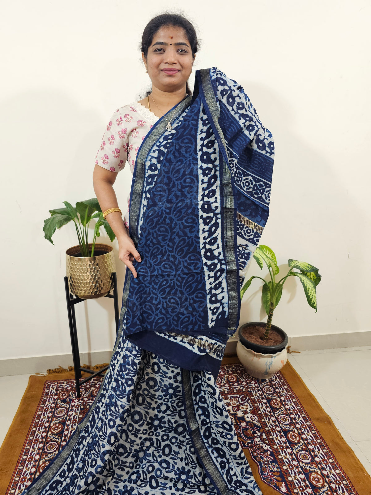 Maheshwari Silk Cotton Hand Block Printed Saree - Indigo Blue