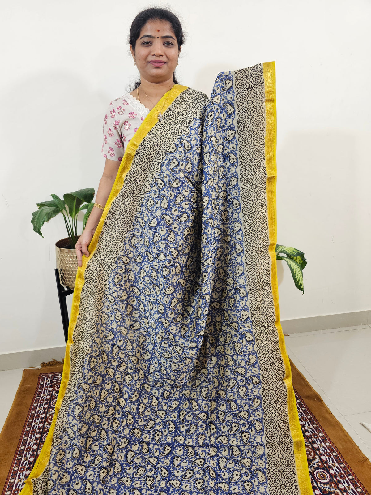 Maheshwari Silk Cotton Hand Block Printed Saree - Blue with Yellow