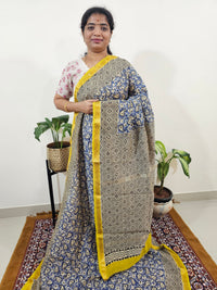 Maheshwari Silk Cotton Hand Block Printed Saree - Blue with Yellow