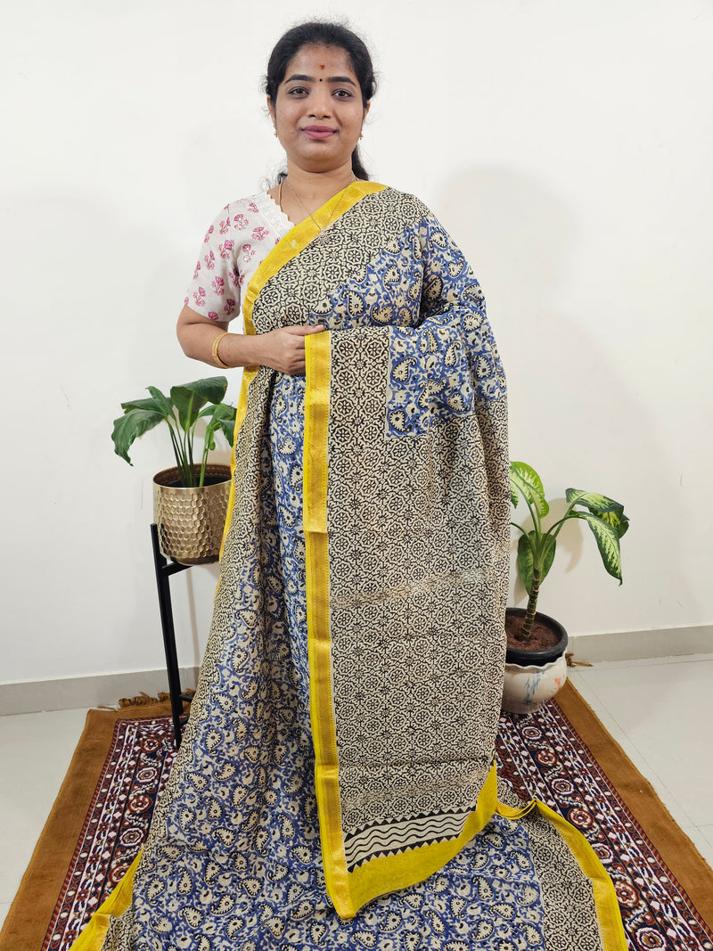Maheshwari Silk Cotton Hand Block Printed Saree - Blue with Yellow