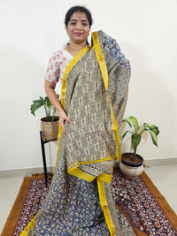 Maheshwari Silk Cotton Hand Block Printed Saree - Blue with Yellow