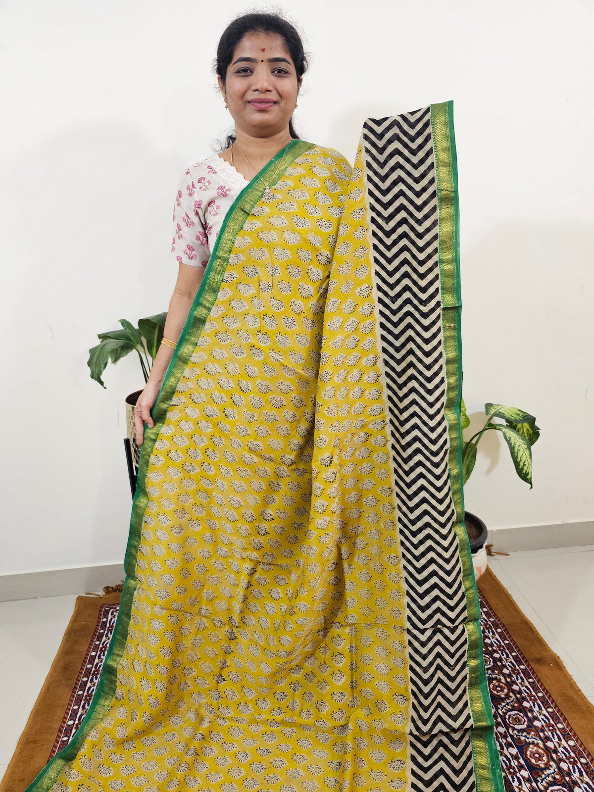 Maheshwari Silk Cotton Hand Block Printed Saree- Yellow with Green