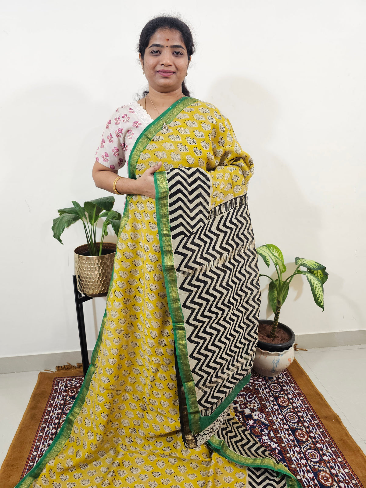 Maheshwari Silk Cotton Hand Block Printed Saree- Yellow with Green