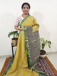 Maheshwari Silk Cotton Hand Block Printed Saree- Yellow with Green