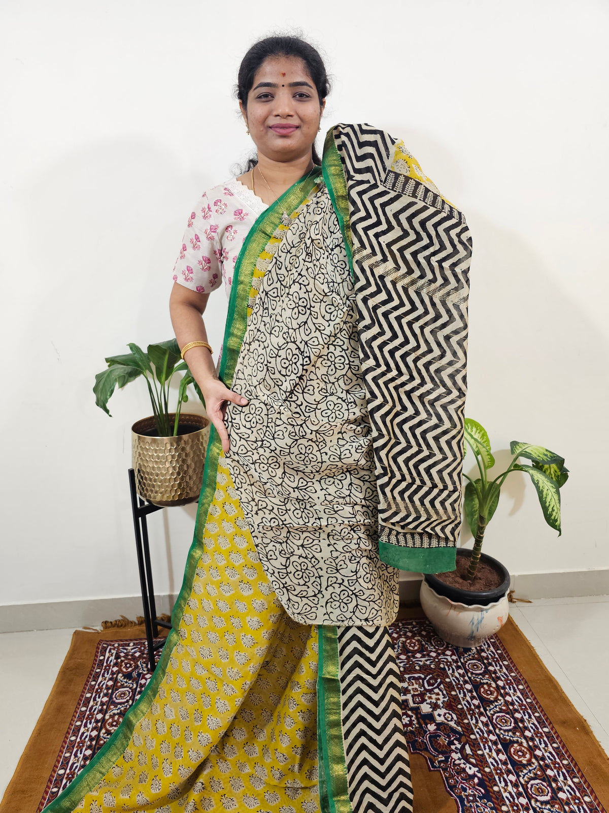 Maheshwari Silk Cotton Hand Block Printed Saree- Yellow with Green