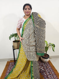 Maheshwari Silk Cotton Hand Block Printed Saree- Yellow with Green