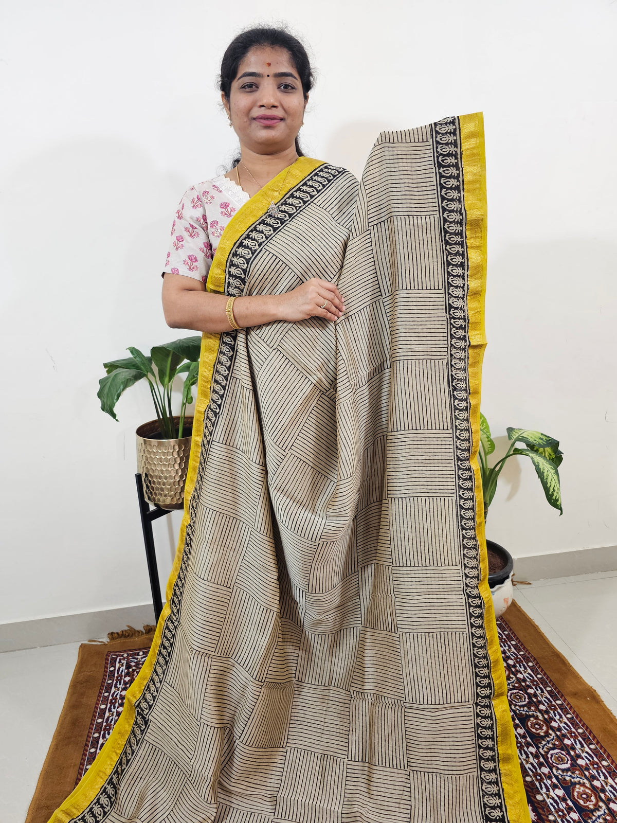 Maheshwari Silk Cotton Hand Block Printed Saree - Black with Yellow