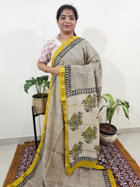 Maheshwari Silk Cotton Hand Block Printed Saree - Black with Yellow