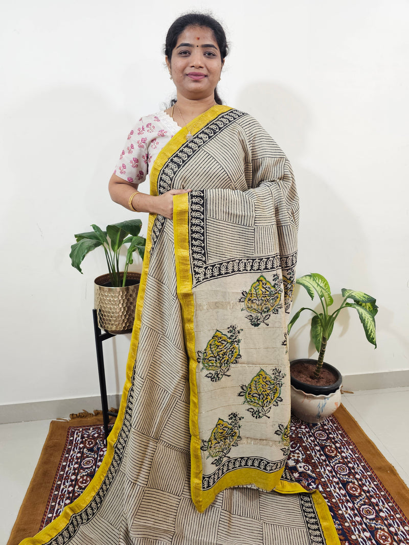Maheshwari Silk Cotton Hand Block Printed Saree - Black with Yellow