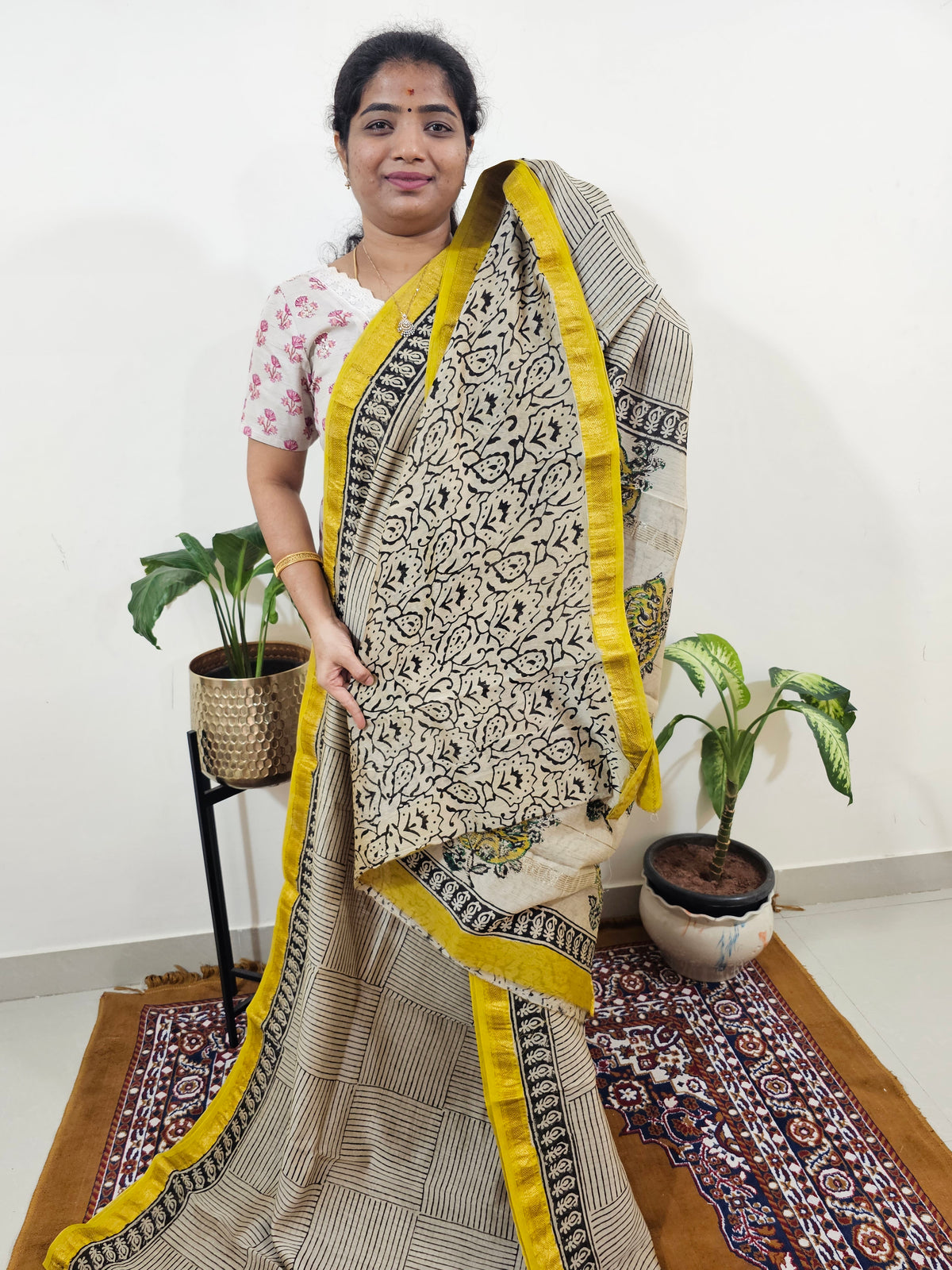 Maheshwari Silk Cotton Hand Block Printed Saree - Black with Yellow