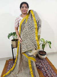 Maheshwari Silk Cotton Hand Block Printed Saree - Black with Yellow