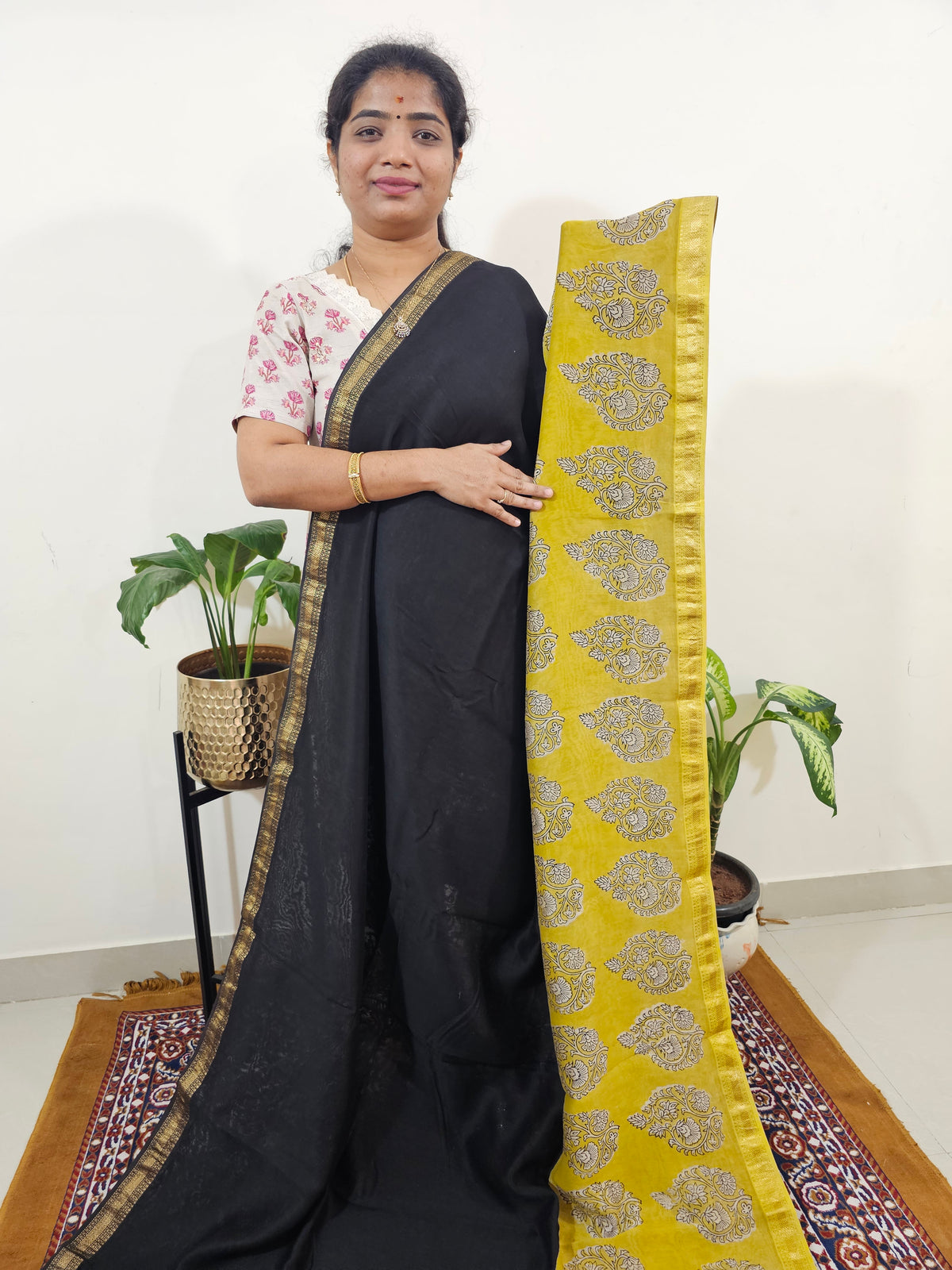 Maheshwari Silk Cotton Hand Block Printed Saree - Black with Yellow