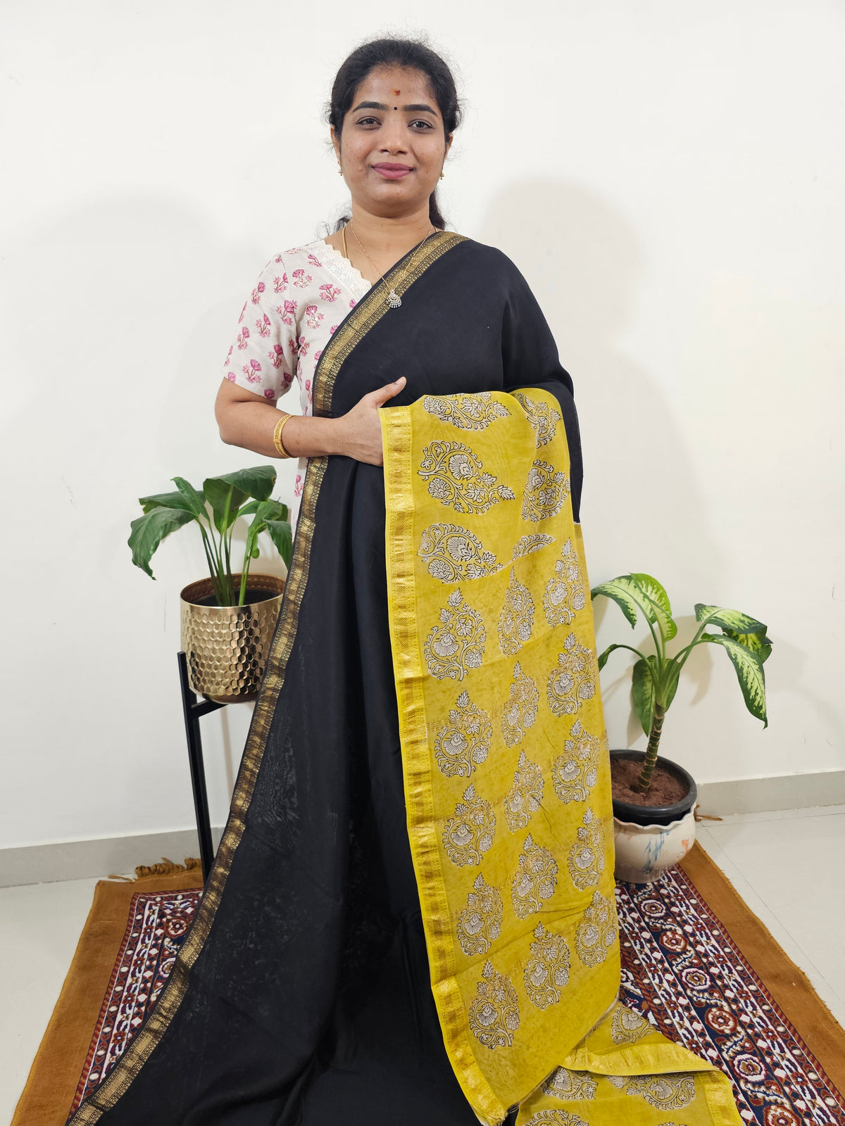Maheshwari Silk Cotton Hand Block Printed Saree - Black with Yellow