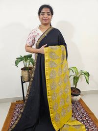 Maheshwari Silk Cotton Hand Block Printed Saree - Black with Yellow
