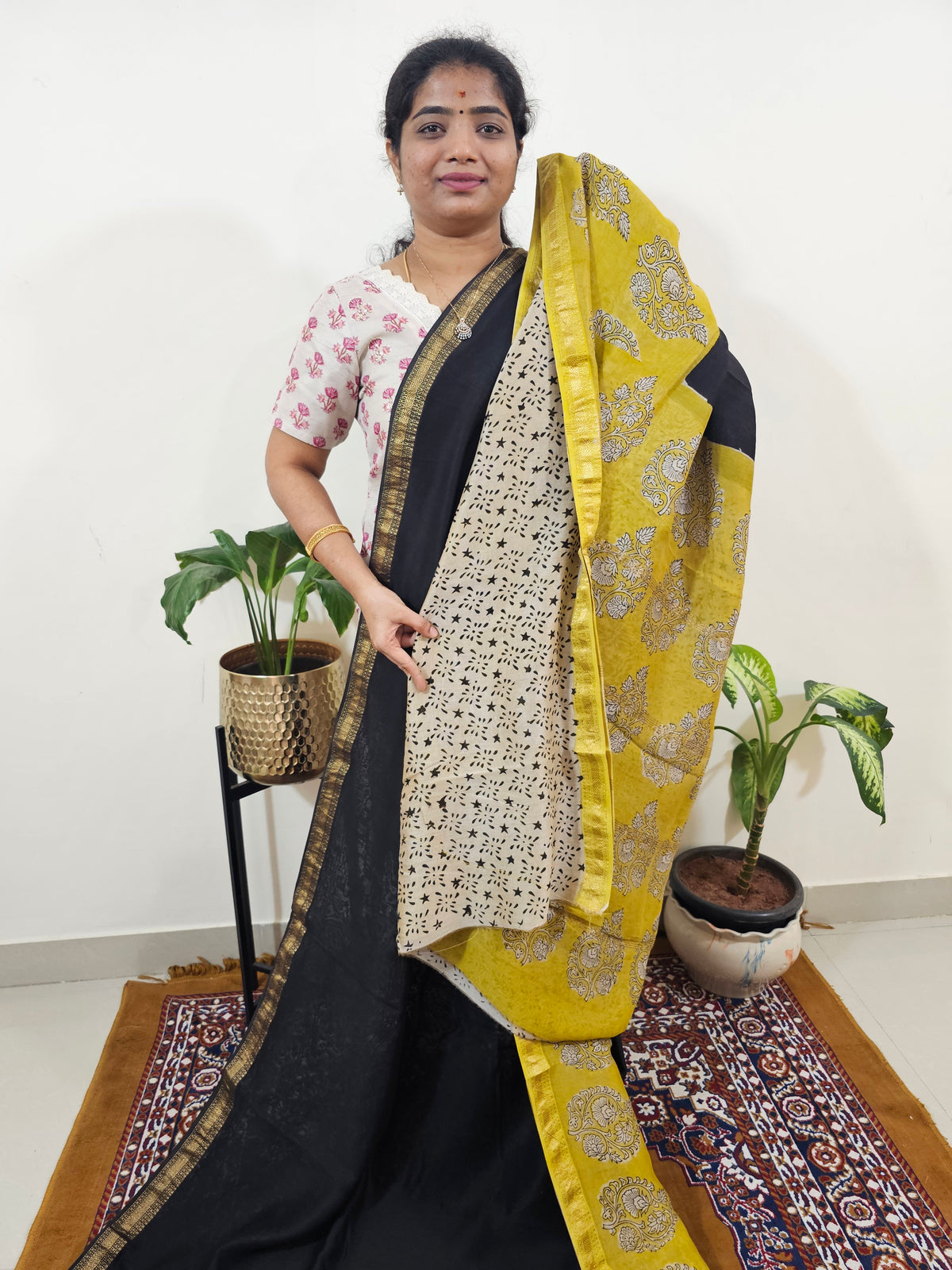 Maheshwari Silk Cotton Hand Block Printed Saree - Black with Yellow