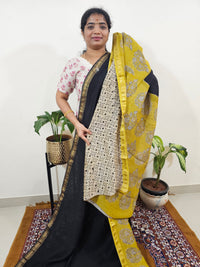 Maheshwari Silk Cotton Hand Block Printed Saree - Black with Yellow