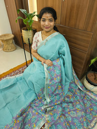 Handwoven Mangalagiri Pattu Saree with Digital Prints  - Sea Blue with Lavender