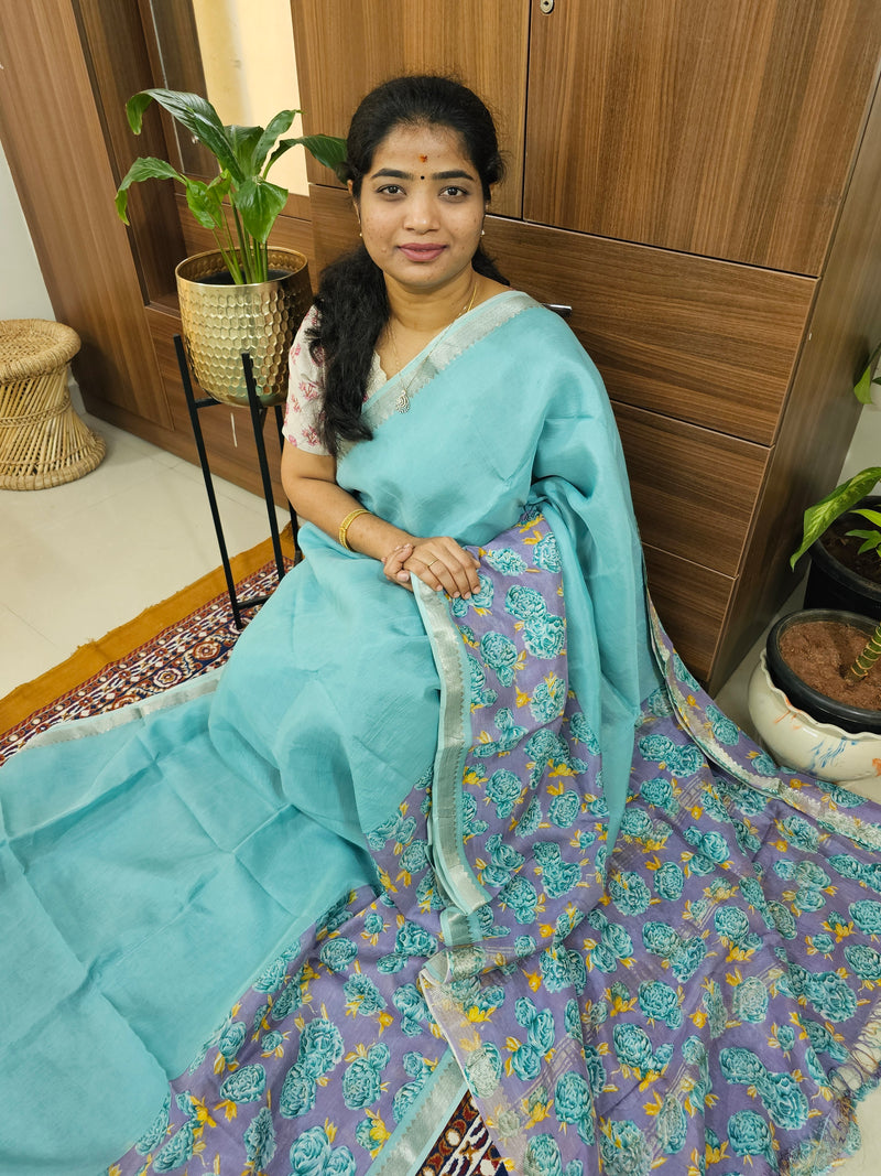 Handwoven Mangalagiri Pattu Saree with Digital Prints  - Sea Blue with Lavender