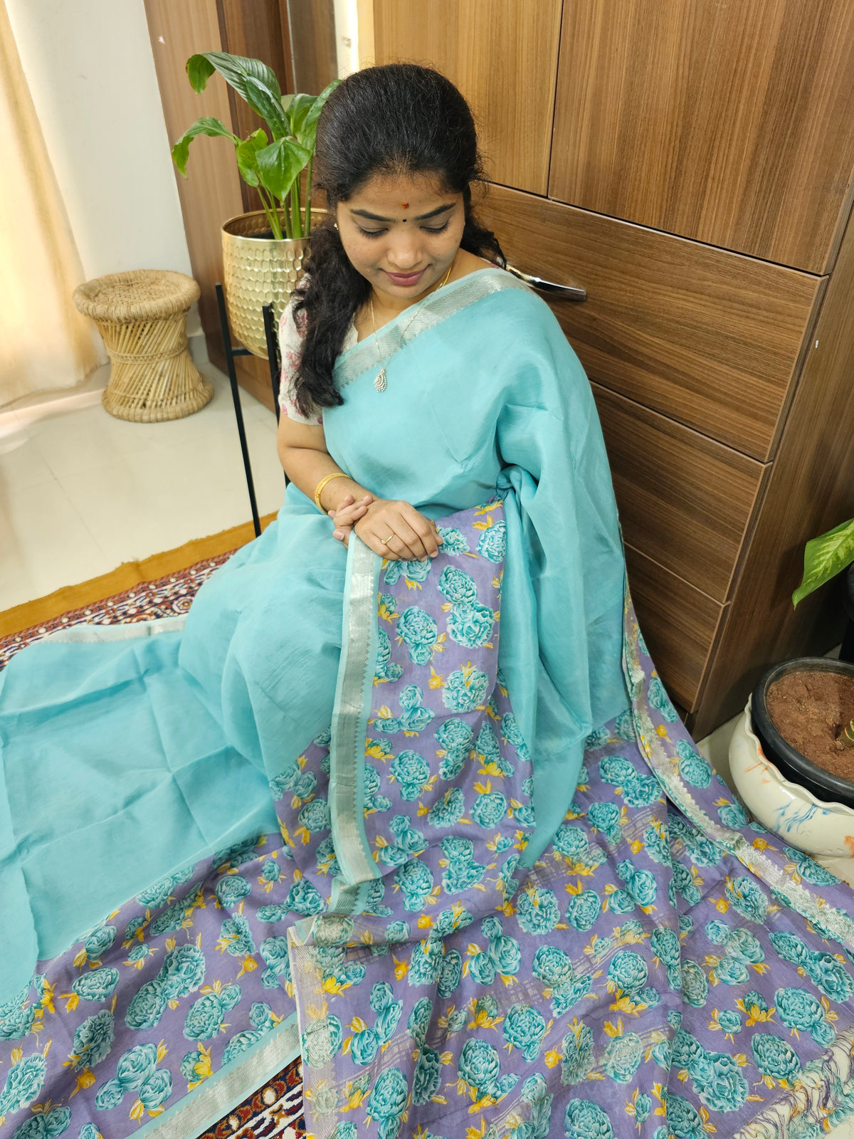 Handwoven Mangalagiri Pattu Saree with Digital Prints  - Sea Blue with Lavender