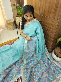 Handwoven Mangalagiri Pattu Saree with Digital Prints  - Sea Blue with Lavender