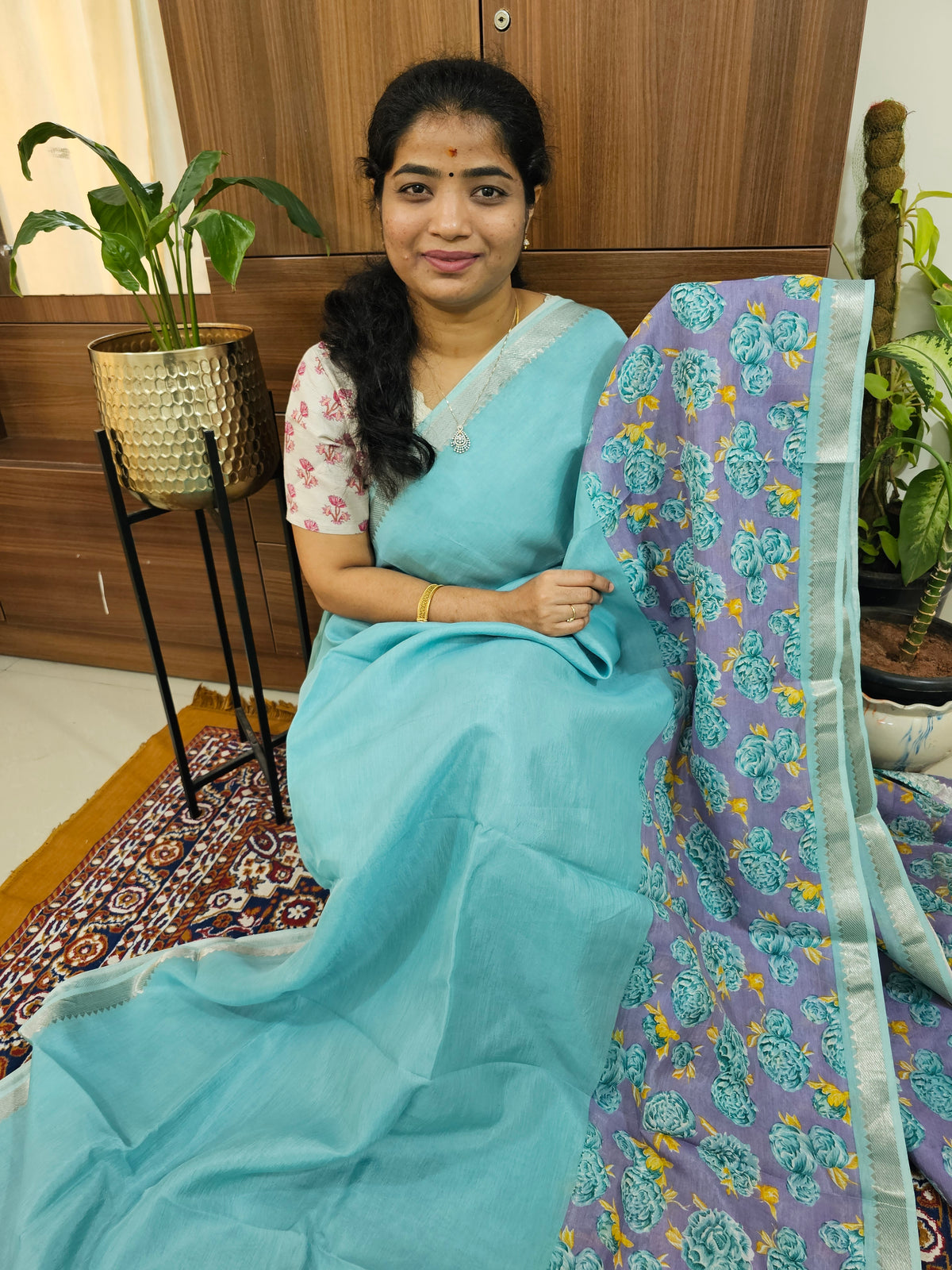 Handwoven Mangalagiri Pattu Saree with Digital Prints  - Sea Blue with Lavender