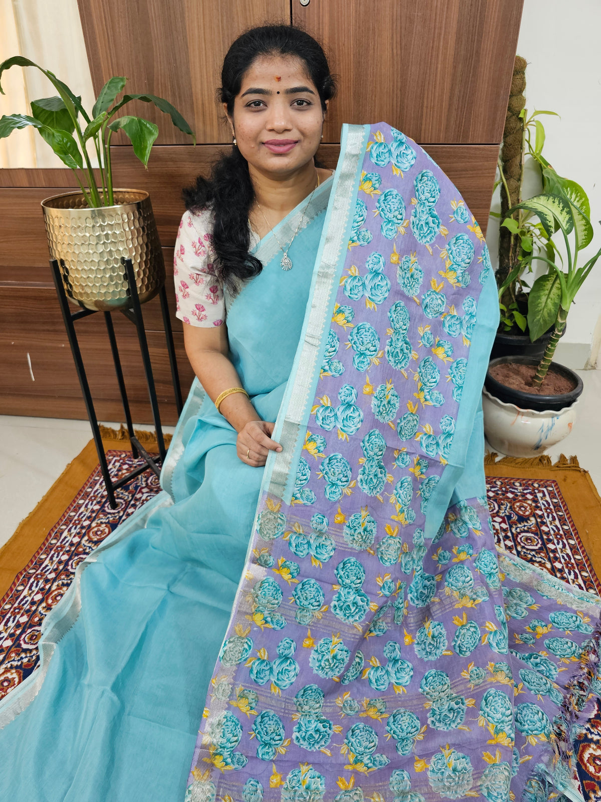 Handwoven Mangalagiri Pattu Saree with Digital Prints  - Sea Blue with Lavender