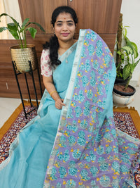 Handwoven Mangalagiri Pattu Saree with Digital Prints  - Sea Blue with Lavender