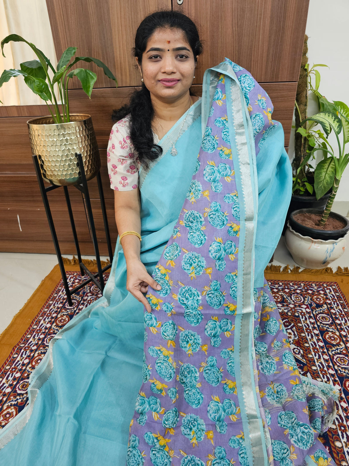 Handwoven Mangalagiri Pattu Saree with Digital Prints  - Sea Blue with Lavender