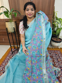 Handwoven Mangalagiri Pattu Saree with Digital Prints  - Sea Blue with Lavender