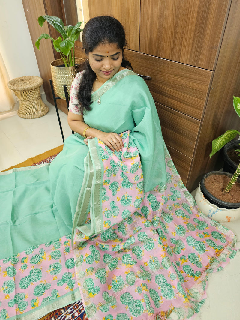 Handwoven Mangalagiri Pattu Saree with Digital Prints  - Sea Green with Pink